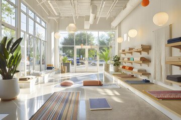 Interior of a bright and airy yoga studio with mats and props ready for class wellness space