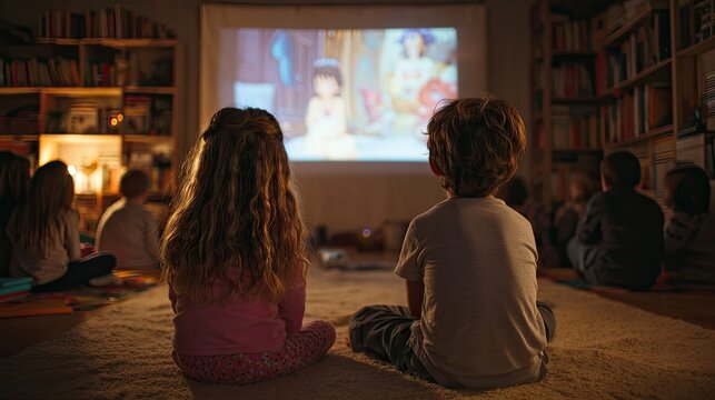 Children sitting on a carpeted floor, watching animated movie via projector at home