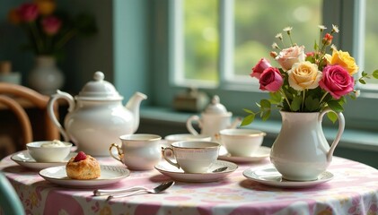 Whimsical tea party scene with mismatched crockery, tea cups, strange