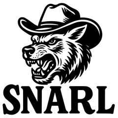 Snarling wolf head in cowboy hat, bold black and white vector style, aggressive wild west mascot with fierce expression