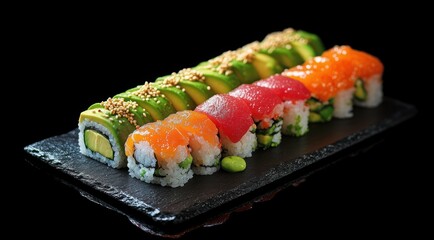 Close-up shot of colorful sushi rolls on a plate