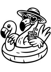 Naklejka premium Funny flamingo with heart sunglasses chilling in a floatie, holding a drink, summer line art cartoon in black and white
