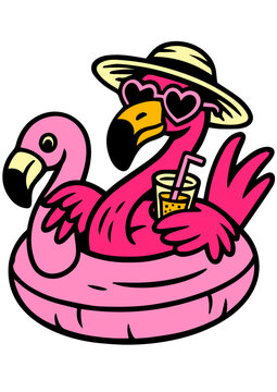 Cartoon flamingo relaxing in a floatie with a drink, summer beach vacation illustration, fun animal character