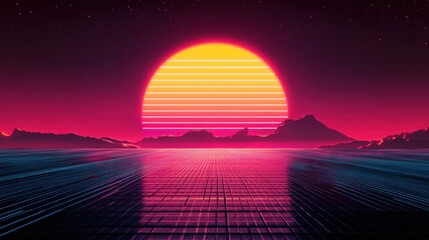 Obraz premium An 80s-style sun with a striped lower section, rendered in a synthwave or arcade game aesthetic, showcasing a sunrise or sunset with a sun made of lines.