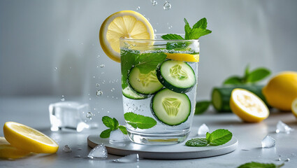Detox water in glass with floating lemon slices and mint. Soft light and ice cubes enhance the hydrating and rejuvenating vibe.