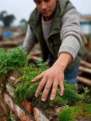 Fototapeta premium Close-up of a man planting moss and small plants on a brick wall in an outdoor garden setting