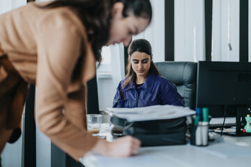 Focused businesswomen working on documents during a meeting in a contemporary office environment,...