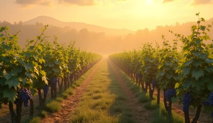 Naklejka premium Grapevines Stretching Across a Vineyard: Rows of grapevines in a vineyard under a soft golden sky, no people, neat and peaceful
