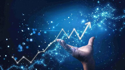 An upward-pointing graph floats above a hand against a blue space background