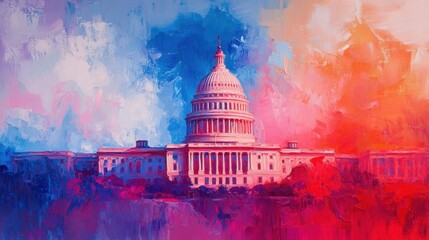 Dramatic Abstract Oil Painting Depicting US Elections US Capitol Building in Red and Blue with Bright Red and Blue Cloud Covering