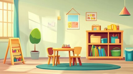 Modern cartoon illustration setting of kindergarten interior design furniture and toys, including wooden table, chair, bookshelf, and education equipment