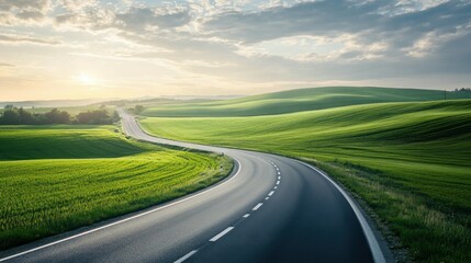 Fototapeta premium Endless Highway with Green Fields