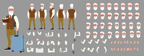 Man Character design. Front, side, back view and explainer animation poses. Character set with lip sync and facial expressions of Happy, angry, sad, Joy with Side walk cycle animation sequence sprite 