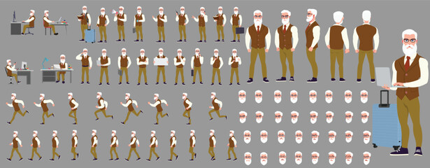 Man Character design. Front, side, back view and explainer animation poses. Character set with lip sync and facial expressions of Happy, angry, sad, Joy with Side walk cycle animation sequence sprite 