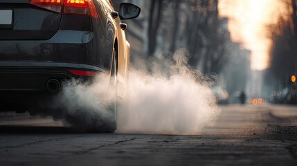 Close-up of a car emitting a cloud of smoke from its exhaust pipe while parked on a quiet street