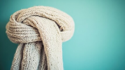 Knitted scarf tied in a knot against a teal wall