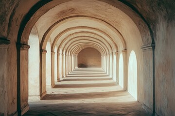 Obraz premium A peaceful, ancient hallway with aged arches and sunlight casting harmonious shadows evokes history and timeless beauty.