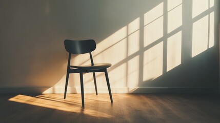 A minimalist black chair in a dimly lit room, highlighted by dramatic shadows and natural light streaming through the window.