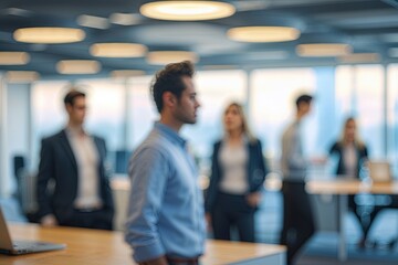 Contemporary Office Environment with Blurred Casual Attire Figures and Soft Bokeh Background