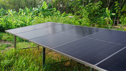 Solar panel system installed in a green rural farm, promoting renewable energy, sustainable...