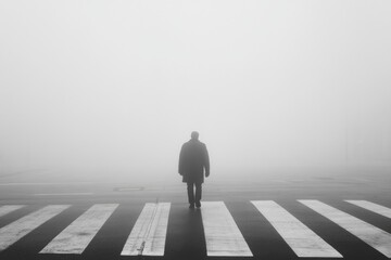 A solitary figure crosses a foggy, empty street, creating a haunting atmosphere of isolation and introspection in a muted monochrome landscape.