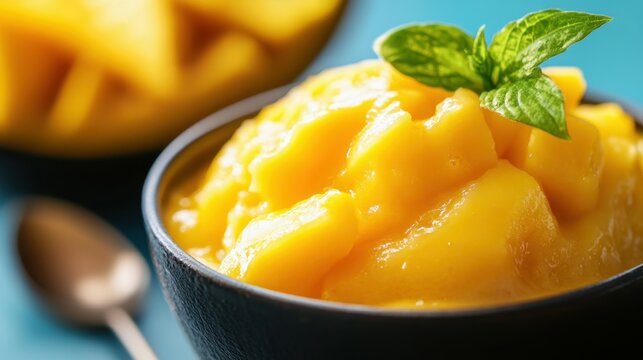 Close up of mango pudding bingsu with a blurred background Sweets and desserts in South Korean style high in calories and sugar Suitable for background wallpaper copyspace and menu listings
