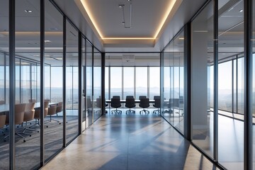 Spacious Modern Office Corridor with 3D Perspective and Large Glass Windows Overlooking Boardroom