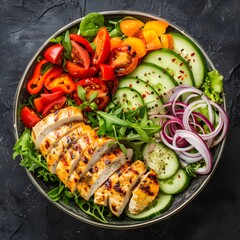 Close up of a vibrant healthy salad bowl with fresh vegetables and grilled chicken top down view