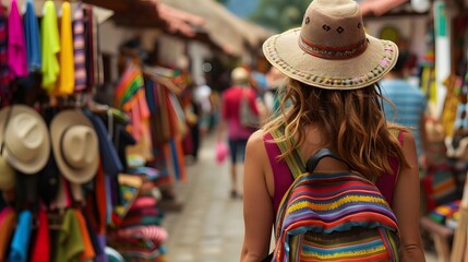 Obraz premium Traveler exploring a vibrant local market in a foreign country authentic experience cultural immersion