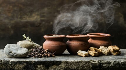 A steaming cup of masala chai served in a clay cup, with spices and biscuits on the side