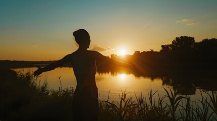 Fototapeta premium Silhouette of a person stretching against a sunset backdrop beautiful end of day routine
