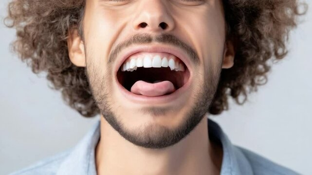 Joyful expression: The portrait reveals an exuberant male individual, captured with wide, open mouth. showcasing unbridled laughter and an authentic display of mirth.
