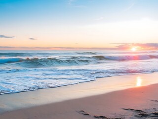 Fototapeta premium Bright summer beach background with sun, waves, and sand