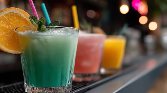 Vibrant cocktails with fruit garnishes