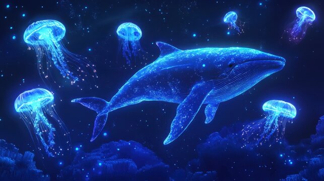 A deep-ocean VR experience with holographic whales and glowing jellyfish.