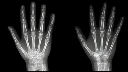 Comparative view of healthy vs. osteoporotic hand X-rays, bone density clearly reduced in one