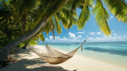 A hammock on a private island shaded by coconut palms.