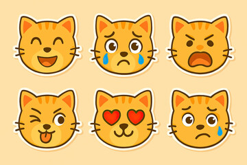 Set of cute cartoon cat emoji faces showing various expressions on beige background, funny feline icons