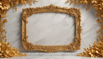 Golden floral frame, luxurious marble backdrop  ,  texture,  ornate,  aesthetic