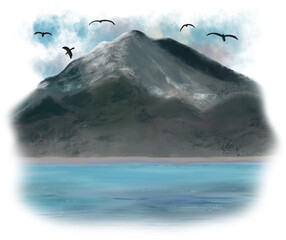 Majestic Mountain by the Water Shore with Seagulls
