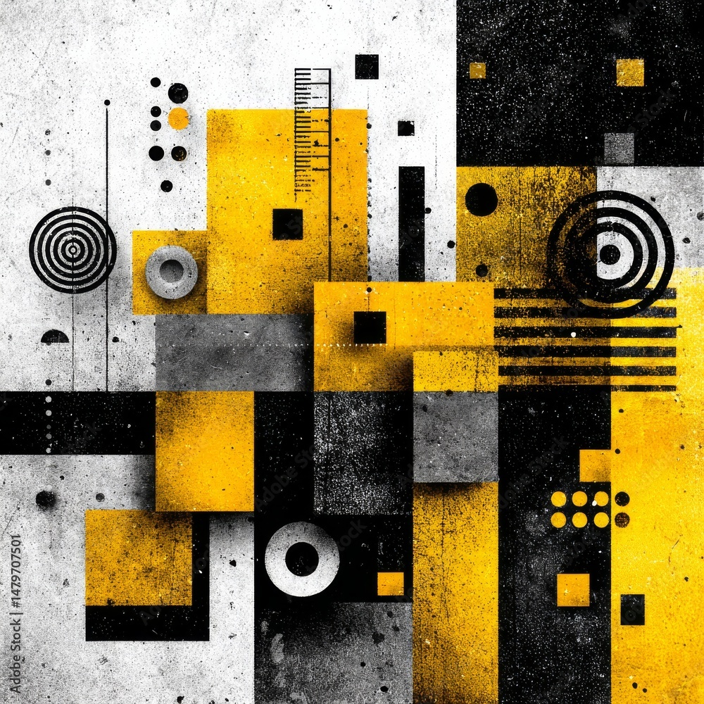 Aufkleber abstract geometric composition with textured yellow, black, and gray shapes and circular motifs