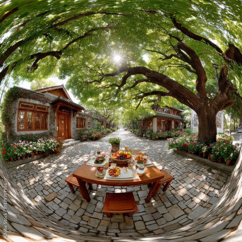 Poster al fresco dining under a canopy of greenery: a feast for the senses in a picturesque courtyard setti