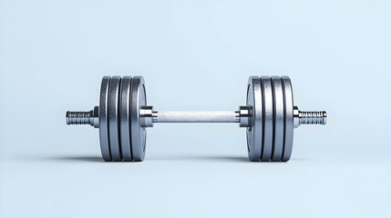 Fototapeta premium Silver Dumbbell On Light Blue Background
