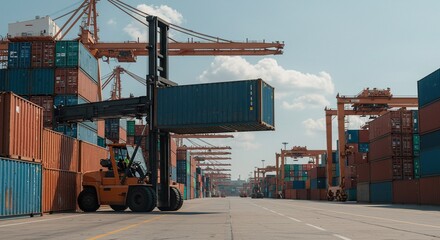 Active cargo operations at bustling port with machinery and container stacks