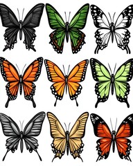 Colorful Butterfly Collection Illustration, Diverse Wing Patterns, Graphic Design, Isolated on White Background, Top View