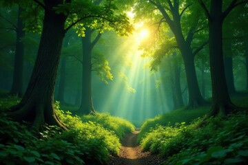 Untamed wilderness, dense forest canopy, sunlight filtering through leaves , mysterious, woods