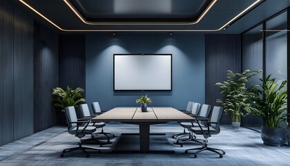 Modern conference room interior with empty frame.