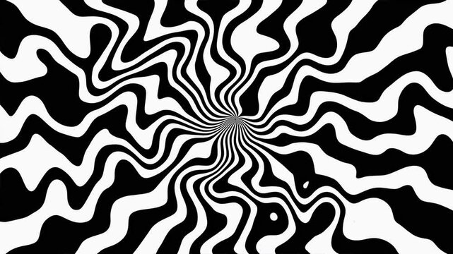 Abstract Monochrome Fluid Wavy Lines Radiating from Center with Rotational Motion, Hypnotic Black and White 4K Looping Animation Featuring Radial Distortion, Ideal for Motion Graphics and Intros