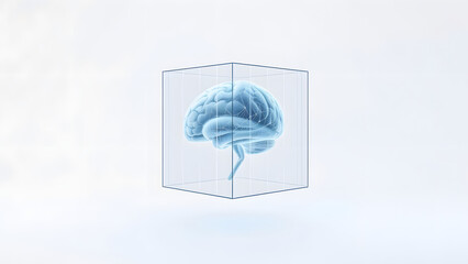 Digital brain model enclosed in transparent glass cube, symbolizing cognitive science, neural research, artificial intelligence, and medical visualization of brain function in modern healthcare innova