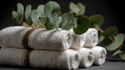 Elegant towel arrangement with rolled white towels tied with twine, eucalyptus sprigs on top